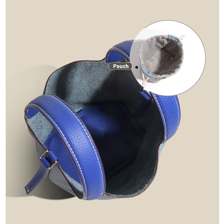Sacs à main seau en cuir bleu lin avec pochette intérieure