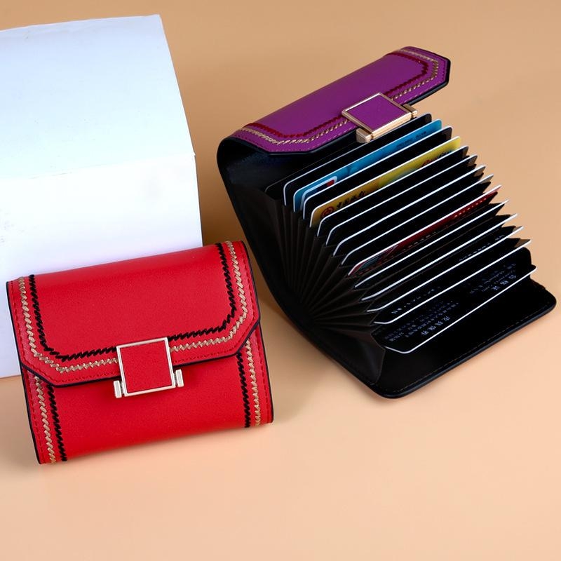 Portefeuille en cuir mignon porte-cartes accordéon de sécurité RFID rouge