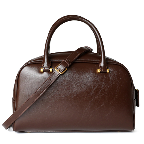Brown Leather Top Handle Boston Bag Chic Crossbody Zip Handbags