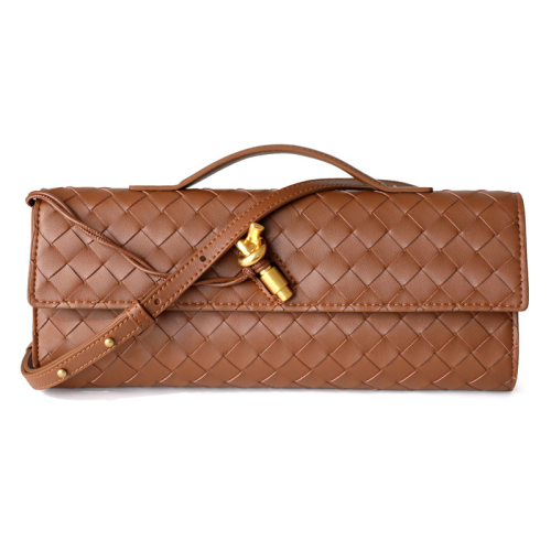 Brown Woven Leather Crossbody Clutch Purse Top Handle Flap Handbags